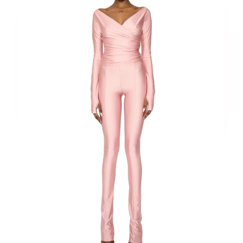 Coucoo Lanai. Pink. Long-sleeved wrap style top & flared legging set. Size Med.